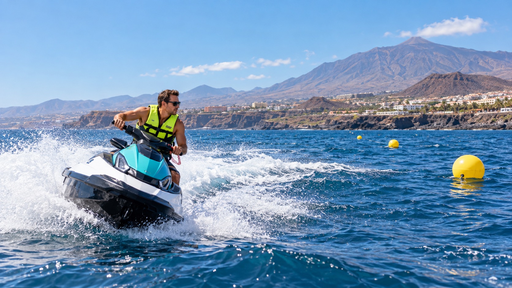 Ilustración de una moto de agua girando cerca de boyas de seguridad ante una costa volcánica
