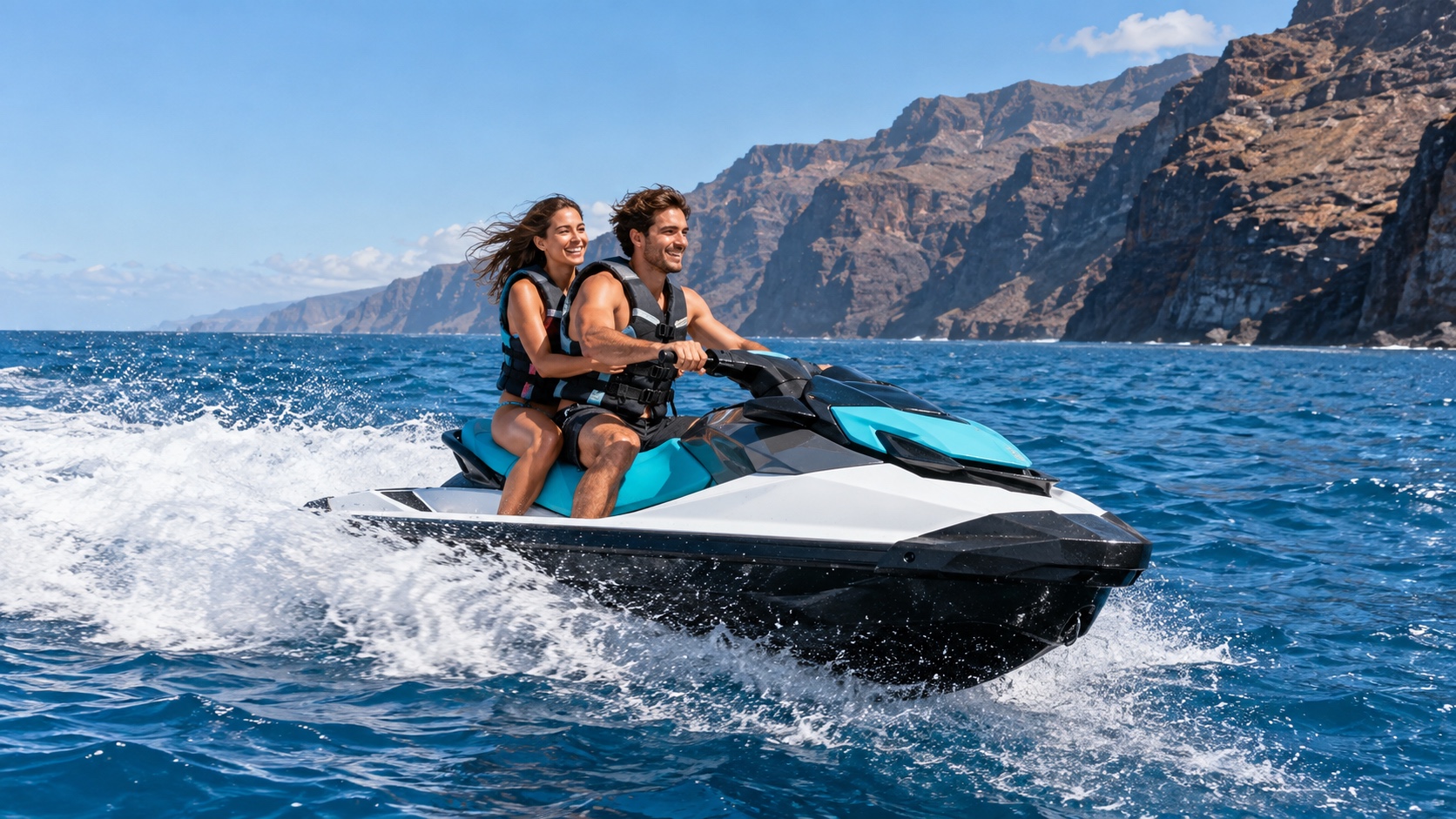 Pareja disfrutando de un safari en moto de agua biplaza en el sur de Tenerife