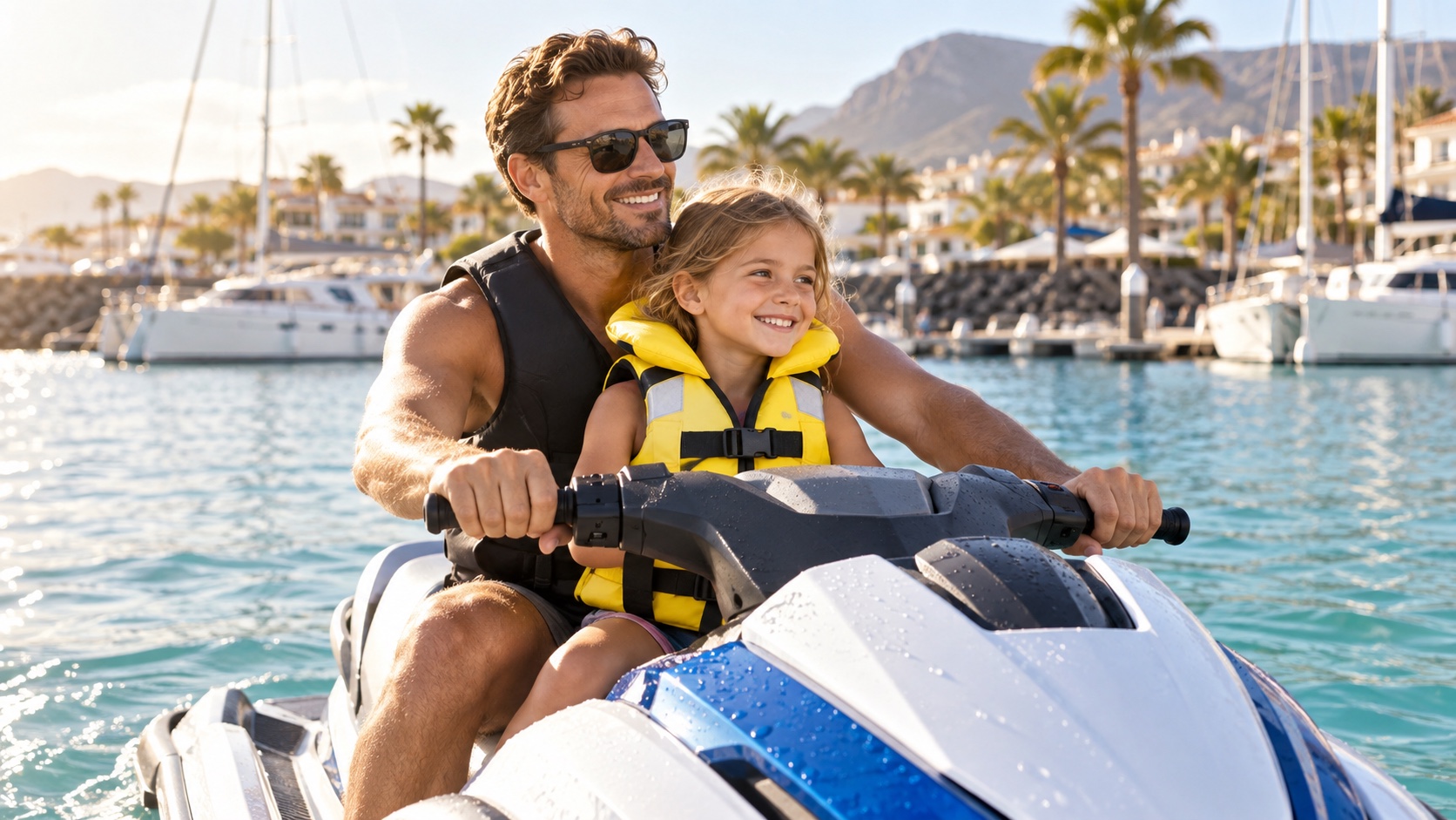 Padre e hija preparados para una excursión familiar en moto de agua en Tenerife