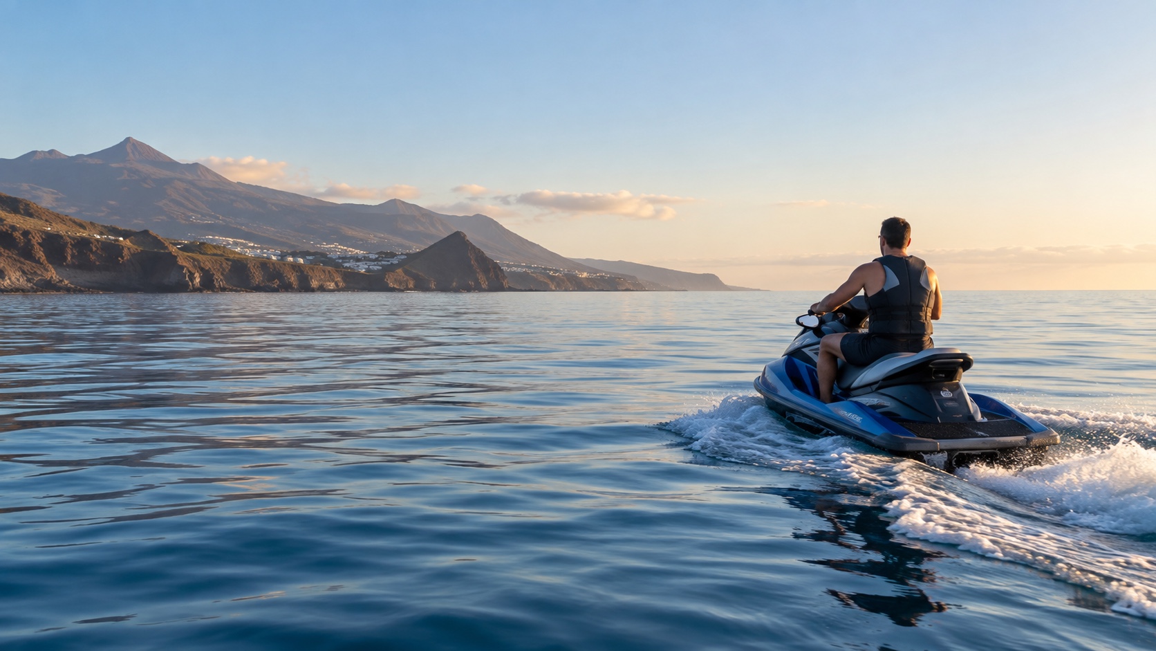 Moto de agua sobre el mar tranquilo en una ilustración editorial de Tenerife