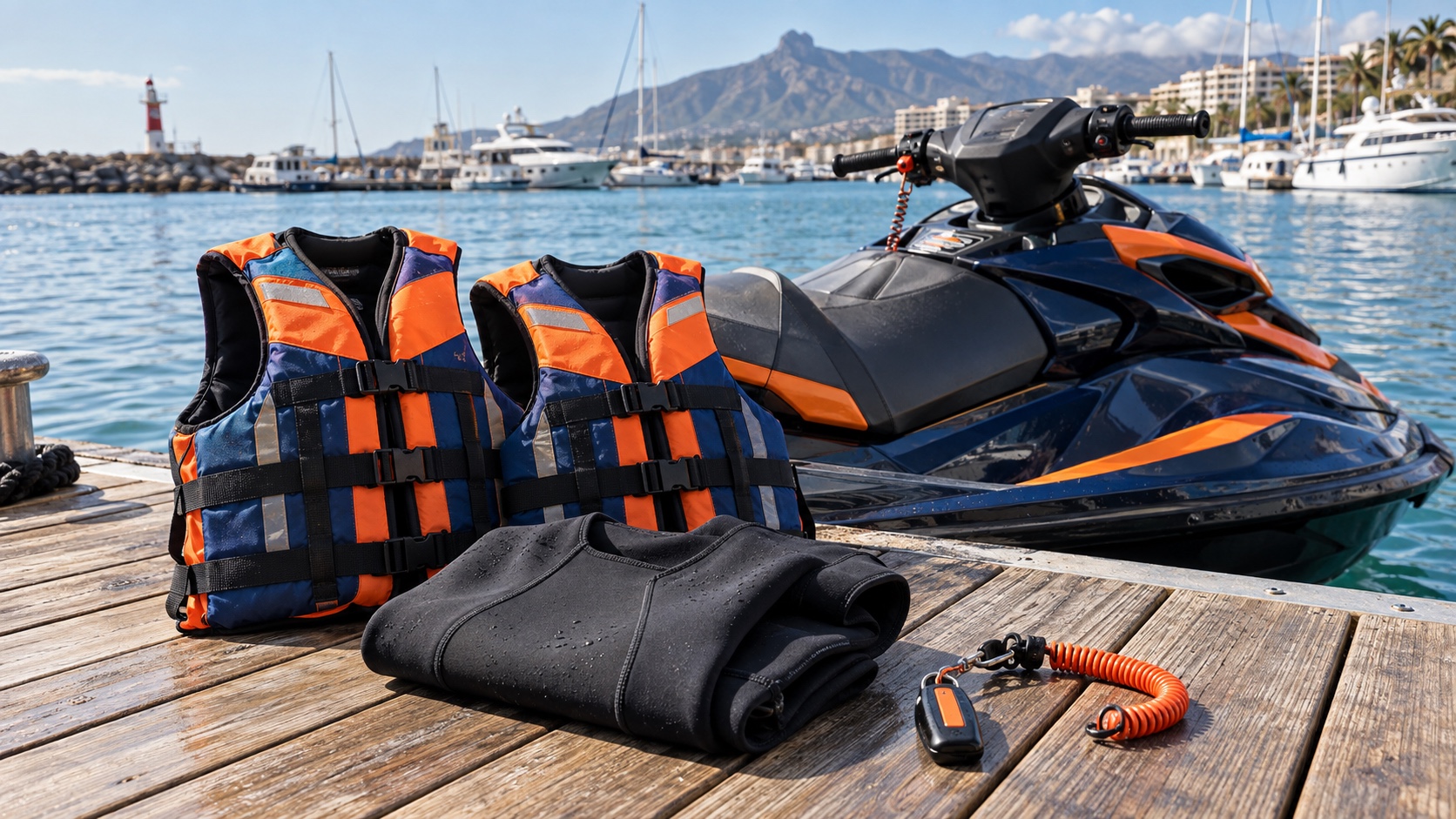 Equipo de seguridad incluido en el precio del alquiler de moto de agua en Puerto Colón Tenerife