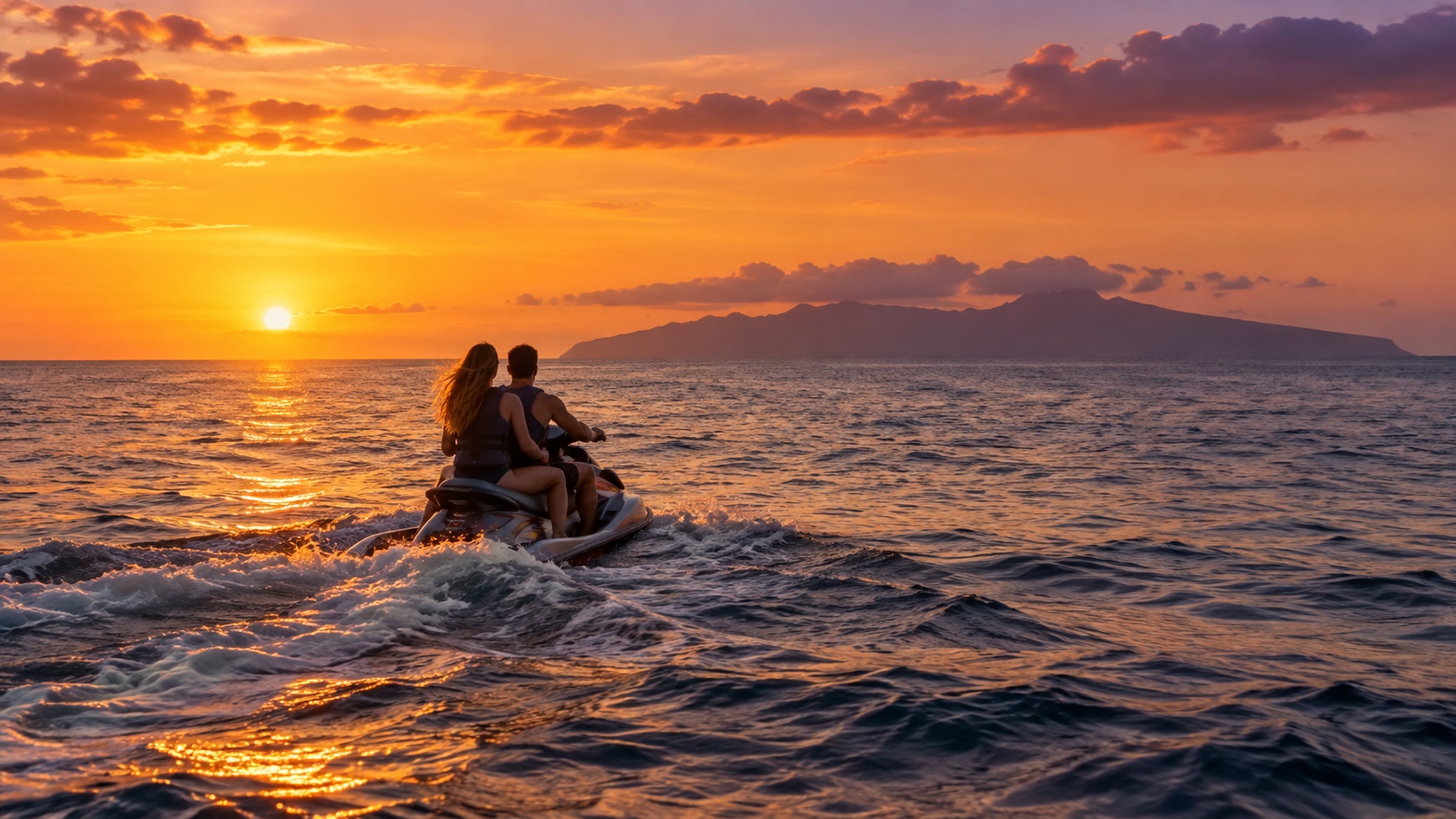 Dos personas en moto de agua con luz de atardecer y una isla al fondo, ilustración editorial