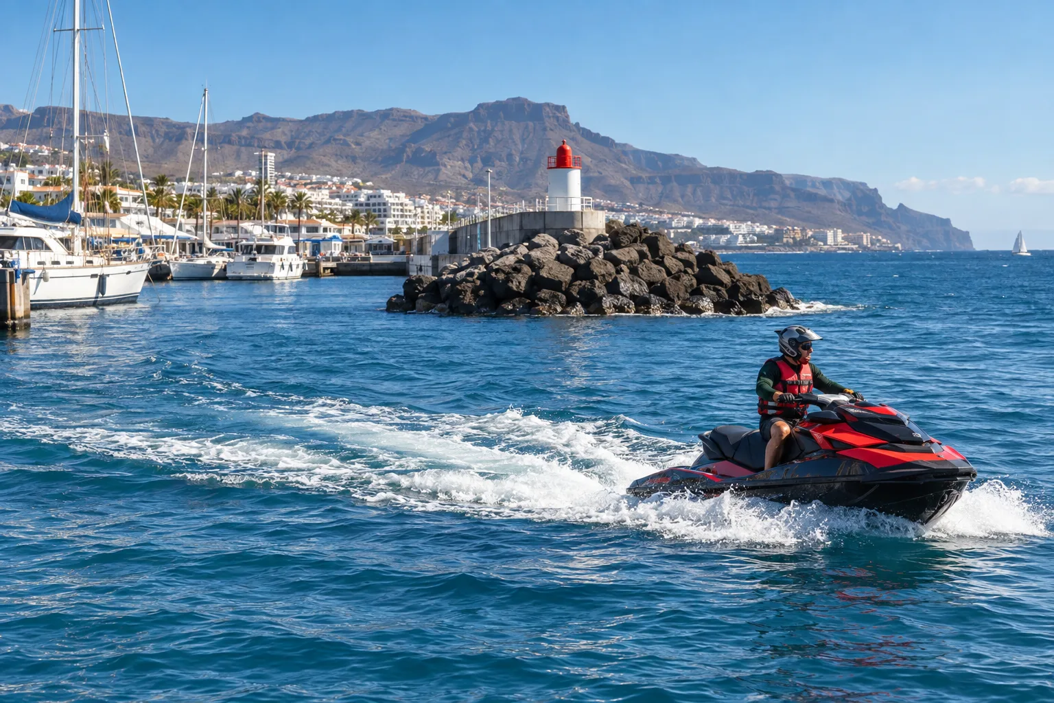 Skuter wodny Jet Ski Puerto Colón wypływający z mariny w Costa Adeje