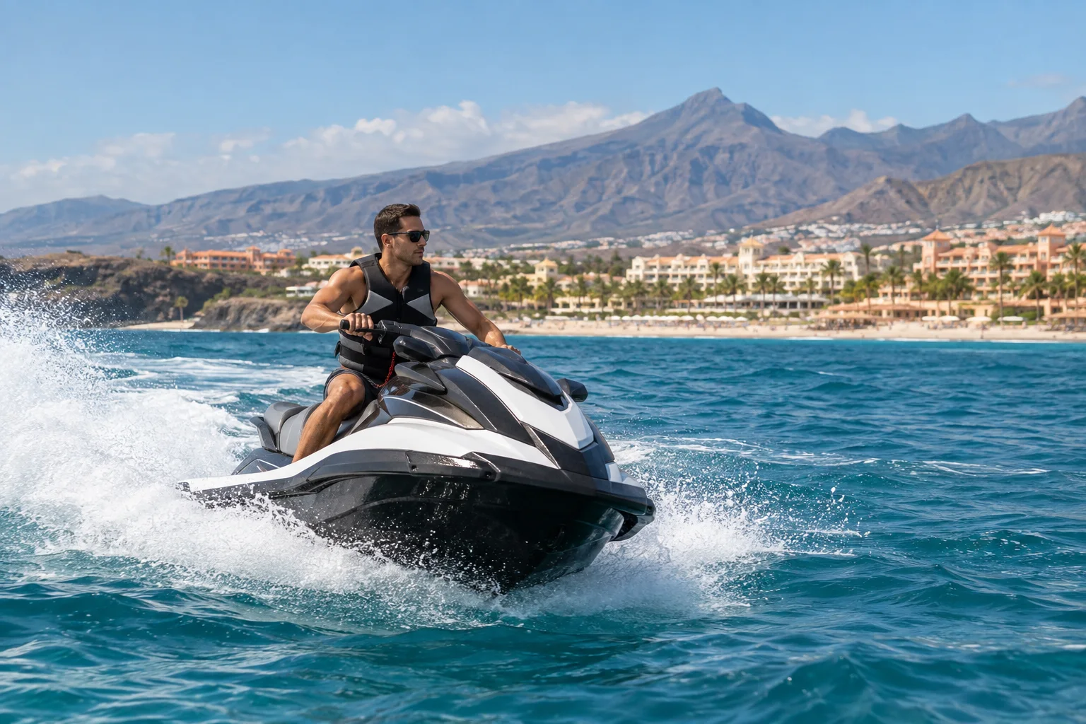 Moto acuática de Mega Jet Ski navegando frente a Playa del Duque