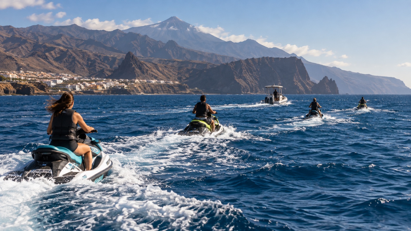 Ilustración editorial de un grupo de motos de agua guiado por una embarcación frente a la costa de Tenerife