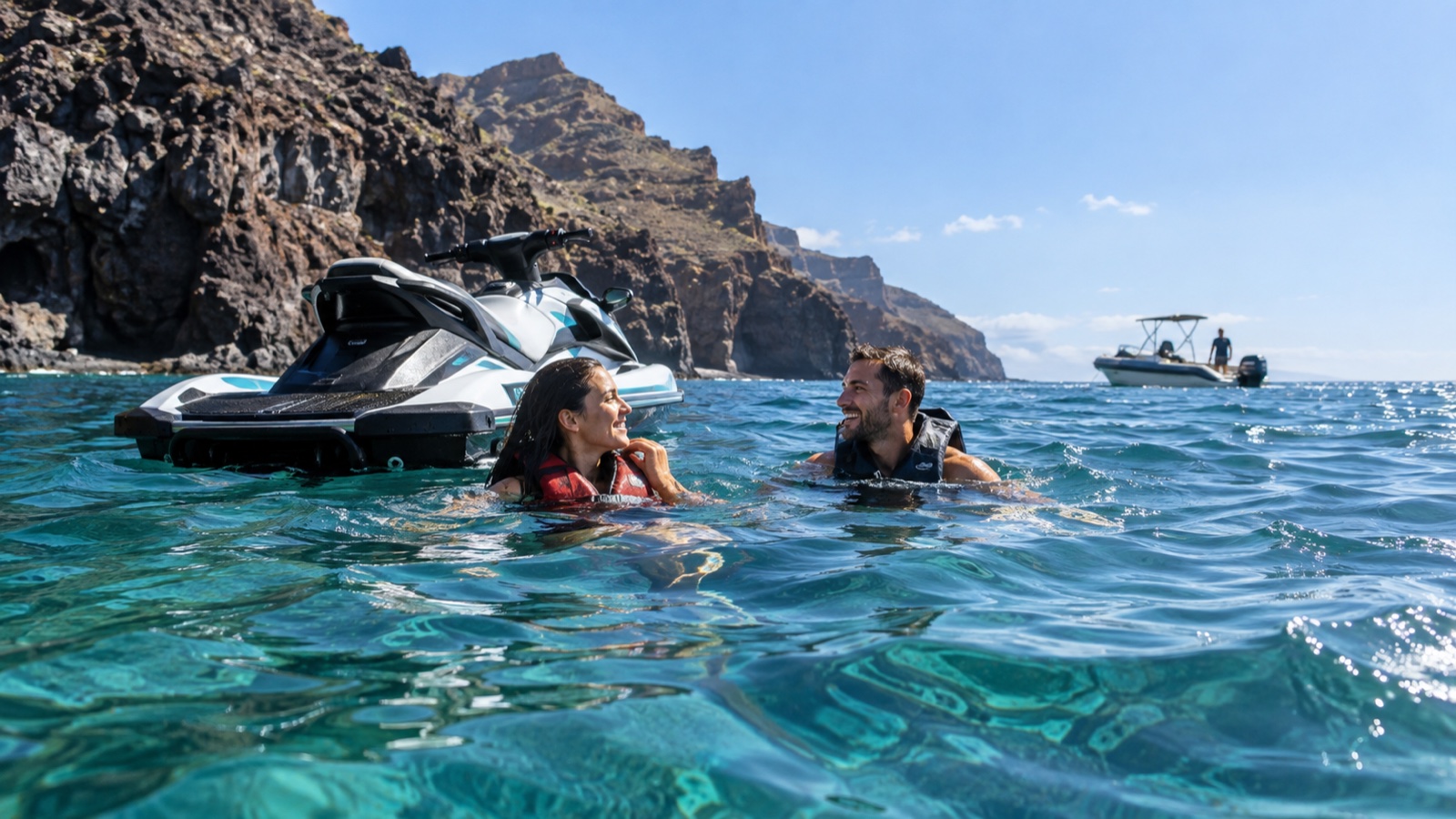 Ilustración editorial de una pausa de baño junto a una moto de agua parada en la costa de Tenerife