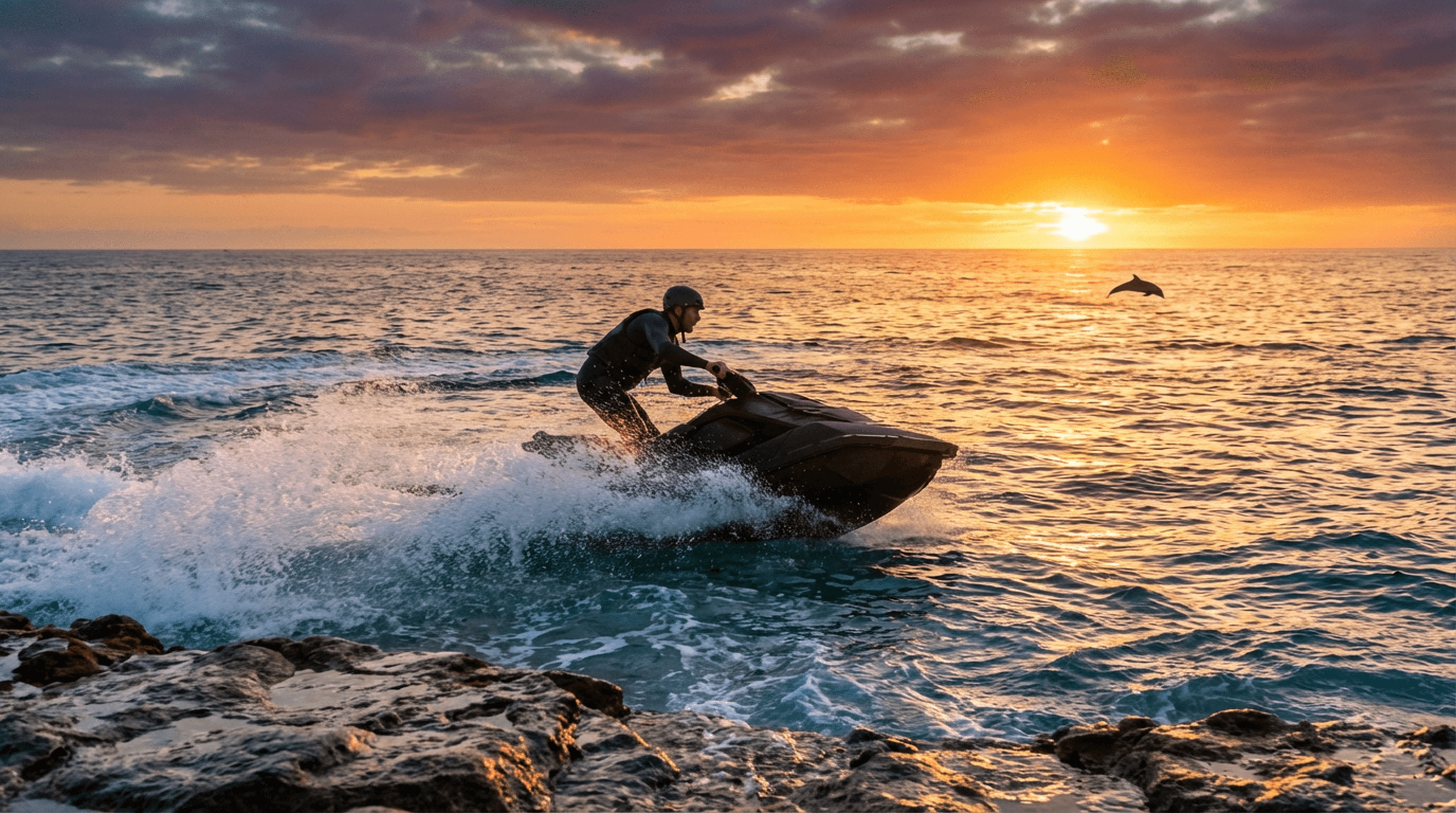 Man riding jet ski on the Atlantic Ocean with dolphin jumping in the distance