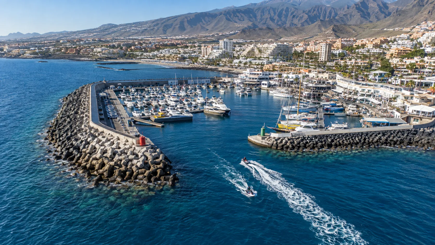 Aerial view of Puerto Colon, the main jet ski marina in Tenerife